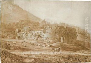 Study Of The Ruins Of An 
Amphitheatre In The Countryside, With Sheep And Goats Grazing Nearby by Jacob Philipp Hackert
