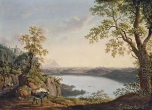 Lake Nemi From The North, With 
The Town Of Nemi And The Town Of Genzano Beyond, With A Donkey And 
Travellers On A Path In The Foreground