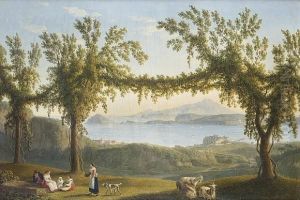 Country Folk Resting Beneath
Vines In The Hills Above Solfatara With A View Of Ischia, Procida And
The Bay Of Pozzuoli Beyond by Jacob Philipp Hackert