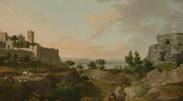 Italianate Landscape With Figures Resting Amongst Ruins, A View To A Lake Beyond - view 1