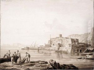 View Of The Castel Dell'ovo At Naples, With Fishermen Handling Nets From Boats by Jacob Philipp Hackert