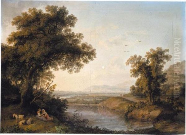 An Italianate Landscape With
Shepherdesses Resting Beside A Pond, A Bay In The Distance Beyond - view 1