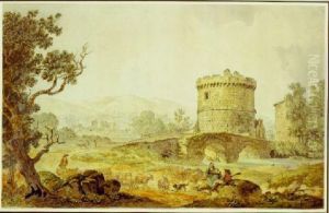 Travelers On The Via Tiburtina With The Ponte Lucano And Plautiimausoleum Behind