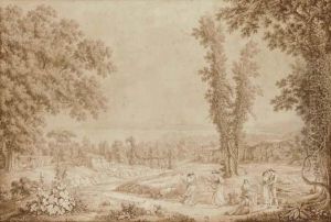A View Of The Gulf Of Pozzuoli With Two Shepherdesses Dancing To Atambourine by Jacob Philipp Hackert