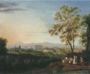 A View Of The Villa Albani, 
Rome, From The Patrizi Villa, Withpeasants, And An Elegant Couple In The
 Foreground by Jacob Philipp Hackert