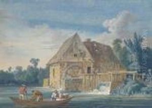 The Water Mill At Ivry With Fishermen On A Boat In Theforeground by Jacob Philipp Hackert
