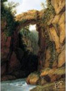 Figures Beside A Waterfall In A Ravine Below A Rock Bridge