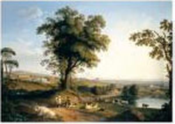 A Panoramic Landscape In The
Roman Campagna With A Distant Prospect Of The Villa Albani Near Rome,
Peasants With Goats And Cattle Beneath A Great Tree In The Foreground. - view 1
