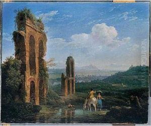 Italianate Landscape With A Washerwoman And A Rider Near A Roman Aqueduct by Jacob Philipp Hackert