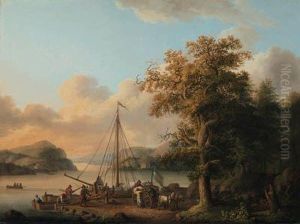 A Swedish River Landscape With Peasants Unloading A Boat by Jacob Philipp Hackert