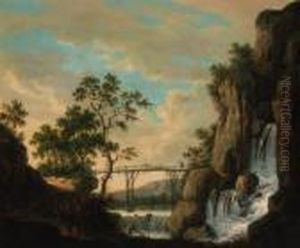 A River Landscape With A
Fisherman Before A Waterfall, A Travellertraversing A Bridge Beyond by Jacob Philipp Hackert