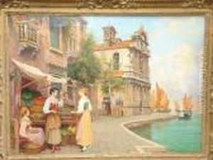 A Venetian Canalside Fruit Stall by Arthur Trevor Haddon