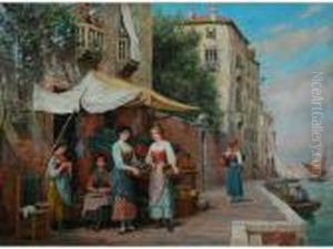 Venetian Canal Scene With Female Figures Round A Fruit Stall In The Foreground by Arthur Trevor Haddon