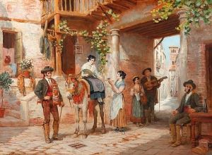 Italian Figures Taking Refreshment In Acourtyard