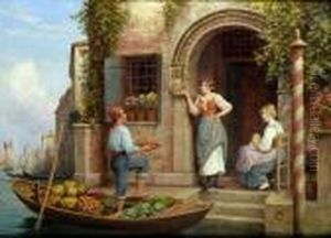 Fresh Today, The Water Grocer 
Sells To The Ladies On Their Steps, The Doges Palace Beyond