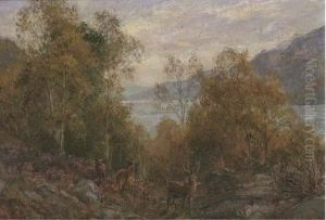 A Stag And Hinds In A Loch Landscape by Arthur Trevor Haddon