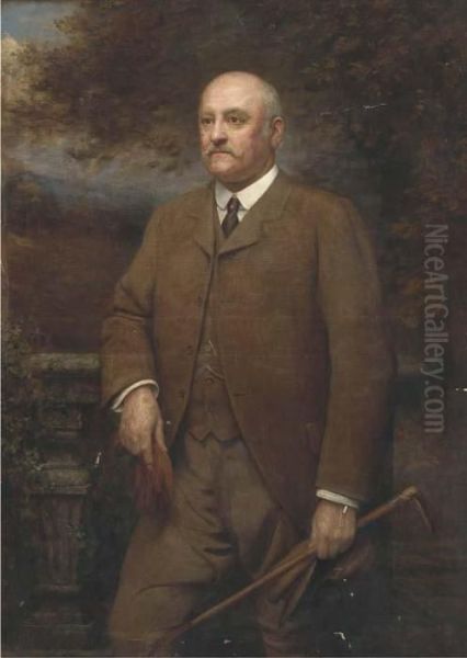 Portrait Of A Gentleman,
Standing Three-quarter-length, In A Browntweed Suit, Holding A Crop, Cap
And Gloves, A Landscapebeyond - view 1