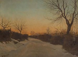 Coucher De Soleil Sur Le Chemin Enneige