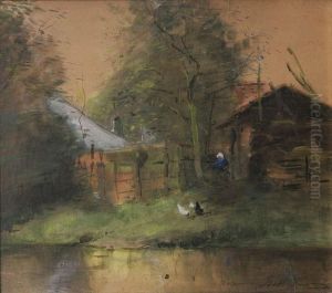 Hoeve Met Vrouwtje, Kippen Voederend by Maurice Hagemans