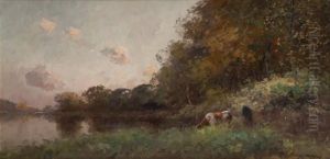 Vache S'abreuvant Au Coucher Dusoleil Vache S'abreuvant Au Coucher Dusoleil