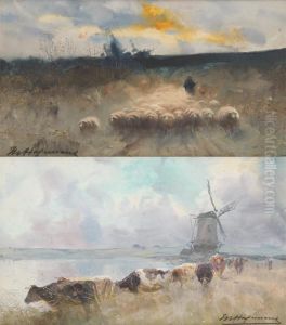 Troupeau De Vaches Et De Moutons Au Lever Et Coucher Du Soleil. by Maurice Hagemans
