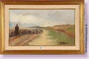 Berger Et Son Troupeau Sur Un Chemin De Campagne by Maurice Hagemans