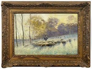 Schafer Mit Seiner Herde Im Abendlicht by Maurice Hagemans