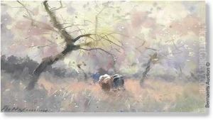 Cows Inlandscape. Water Colour. Signed 'm.hagemans' by Maurice Hagemans