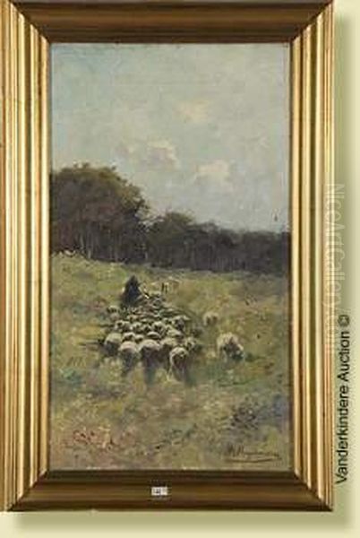 Berger Et Son Troupeau Dans La Clairiere - view 1