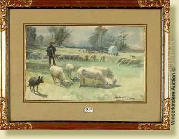 Bergeret Son Troupeau, Aquarelle
Sur Papier. Signee En Bas A Droite M.hagemans. Ecole Belge. Dim.: 22x34
Cm - view 1