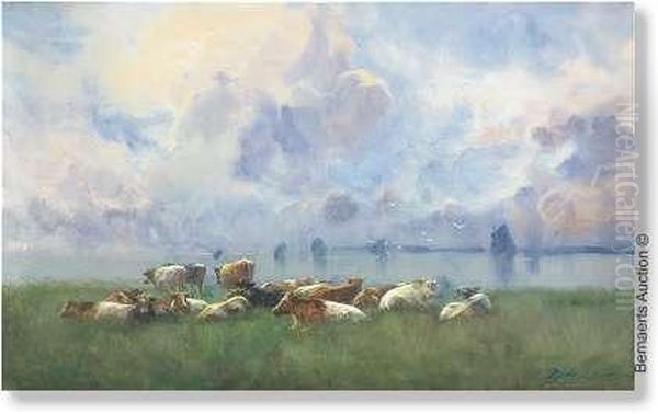 Cows In The Meadow Near The Water - view 1
