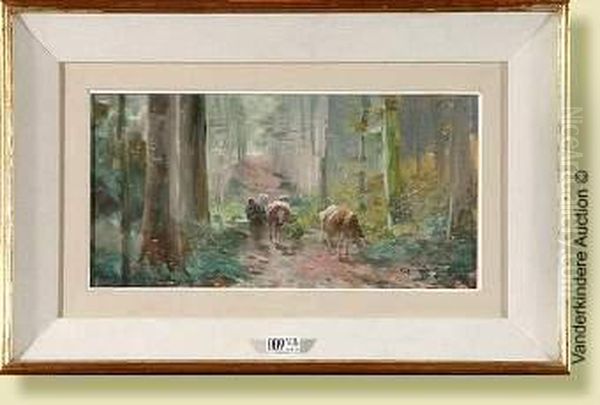 Vachere Et Son Troupeau En Foret, Aquarelle Surpapier - view 1