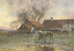 Work Horses By A Farm; A Shepherd And His Flock (a Pair) by Maurice Hagemans
