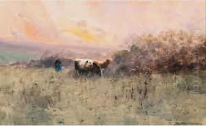 A Peasant Woman With Her Cattle In An Evening Landscape by Maurice Hagemans