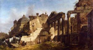 Washerwomen And Gentlemen Among Classical Ruins, A Church Beyond by Giovanni Migliara