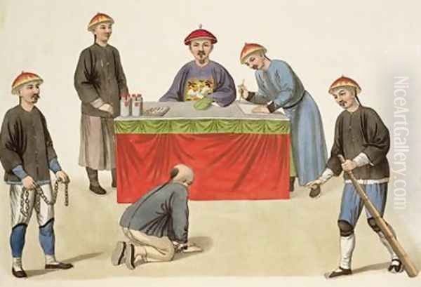 A Culprit before a Magistrate plate 1 from The Punishments of China by Major George Henry Mason
