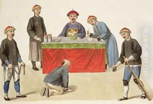 A Culprit before a Magistrate plate 1 from The Punishments of China by Major George Henry Mason