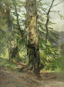 Zwei Baume In Waldiger Landschaft by Fritz Halberg-Krauss