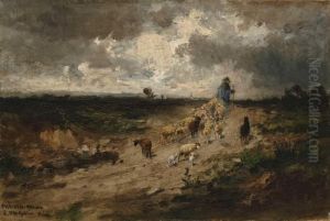 Schafer Mit Herde In Gewittriger Landschaft by Fritz Halberg-Krauss