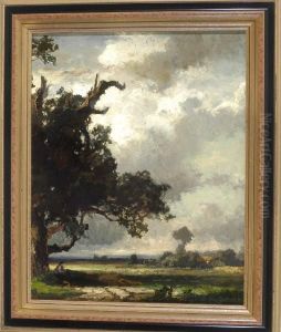 Wolkenstimmung Uber Weiter 
Landschaft Mit Einem Rastenden Wanderer Unter Einem Grosen Baum Links Im
 Vordergrund