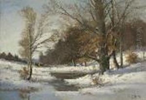 Bauer Mit Ochsengespann In
 Winterlicher Waldlandschaft.
