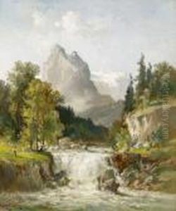 Zwei Hirtenkinder An Einem Wasserfall Im Gebirge. by Fritz Halberg-Krauss