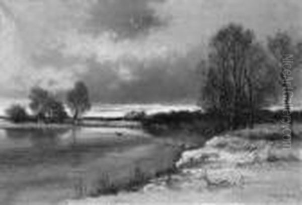 "winterabend An Der
Amper". Sign. Und Bez. Munchen, Rucks. Betitelt. Ol Auf Lwd. 65,5 X
95 Cm - view 1