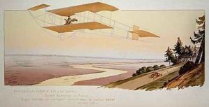 Roger Sommer 1877-1965 flying a record distance in his Sommer Biplane from Charleville to Verdun May 1910 by Marguerite (Gamy) Montaut