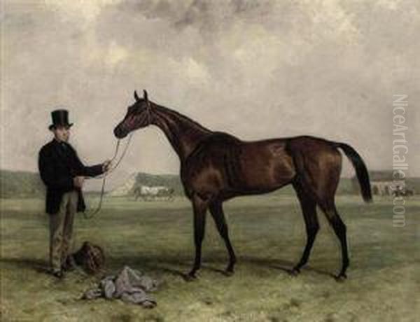 Gamester, Winner Of The 1859 
Doncaster And Newmarket St. Legers,held By A Groom, At Newmarket - view 1