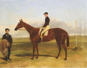A Bay Racehorse With Jockey Up
