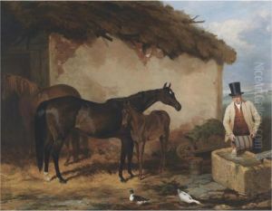 The Mare Perhaps And A Foal At Newmarket by Harry Hall