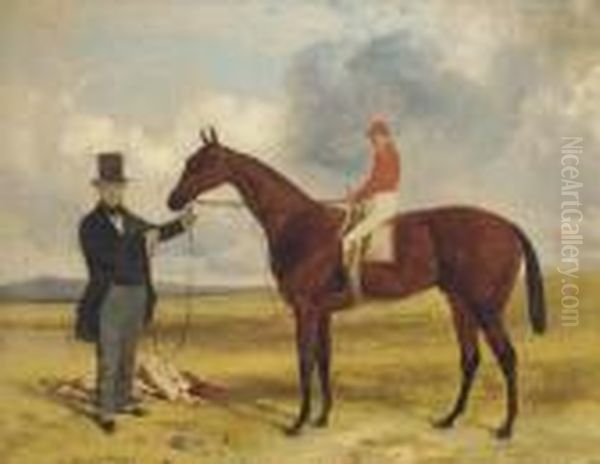 A Trainer Holding A Bay Racehorse, Jockey Up, At Newmarket - view 1