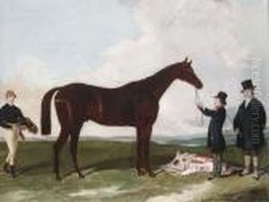 A Racehorse Held By A Groom With The Trainer And Jockey by Harry Hall