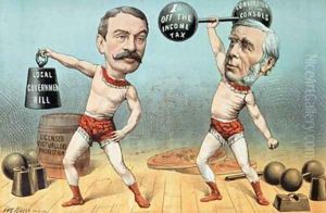 Goschen and Ritchie the Champion Weight Lifters Now Appearing with Terrific Success at the Westminster Beer Garden from St Stephens Review Presentation Cartoon 14 April 1888 by Tom Merry